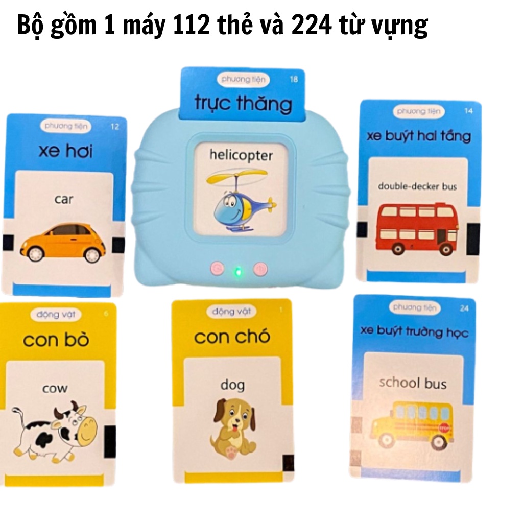 Thẻ học thông minh cho bé, máy đọc thẻ cho bé 112 Thẻ 224 Từ Vựng - song ngữ VIỆT - ANH