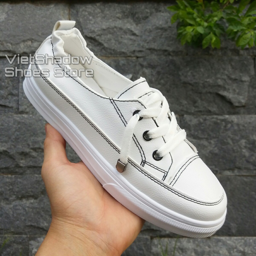 Slip on da nữ - Giày lười da nữ - Da PU màu trắng chỉ đen - Mã SP: 2216 (8620)