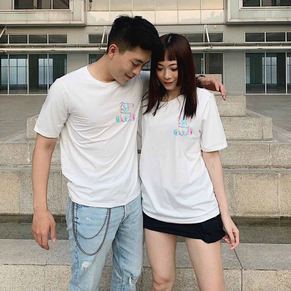 Áo thun phản quang tay lỡ nam nữ vải cotton - gấu