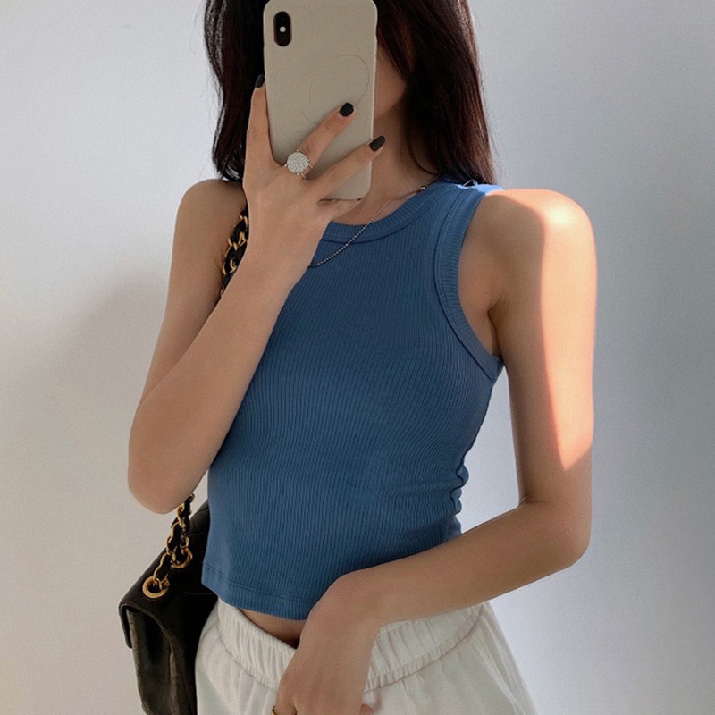 QADCOL Áo croptop không tay cổ tròn ôm dáng dệt kim thời trang