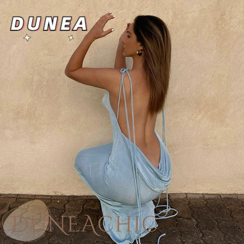 DUNEA Đầm dài cổ yếm hở lưng quyến rũ nhiều màu tùy chọn