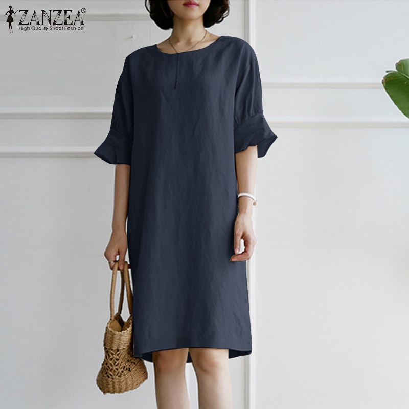 Zanzea Đầm Mini Tay Lửng Ống Loe Cổ Tròn Thời Trang Dành Cho Nữ