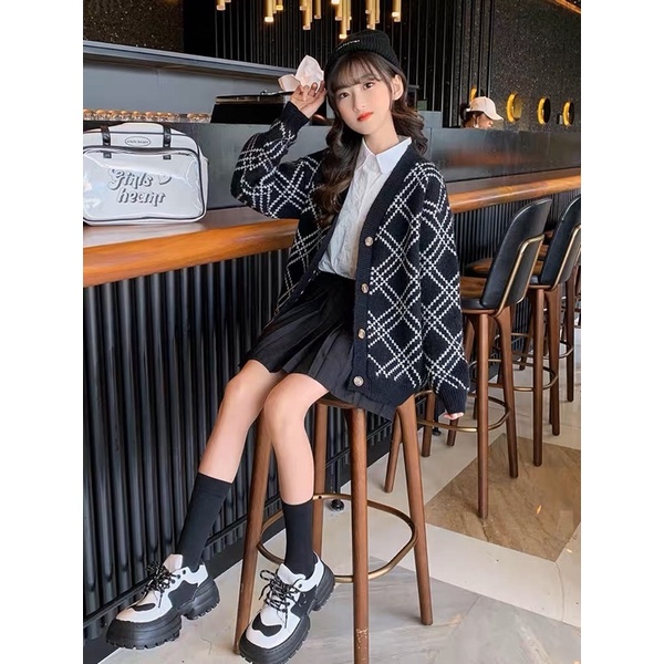 Áo Khoác Cadigan Len Kẻ Trám Đen Trắng Quảng Châu Loại 1 (hình thật) Áo Khoác Thu Đông Korea Style