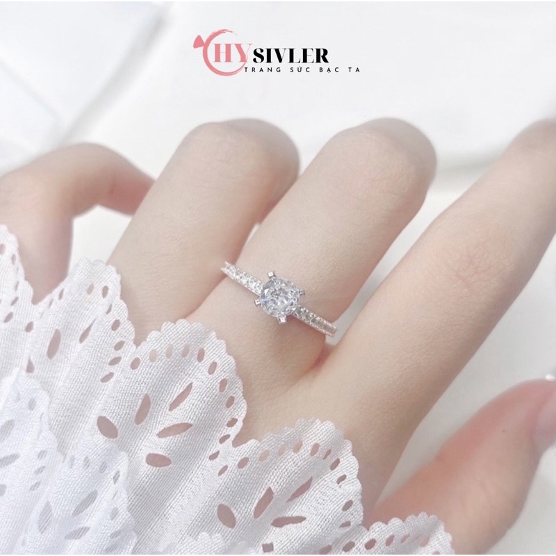 Nhẫn bạc ta nạm đá đá chủ 4 ly sáng đẹp nhẫn nữ đính đá bạc thật
