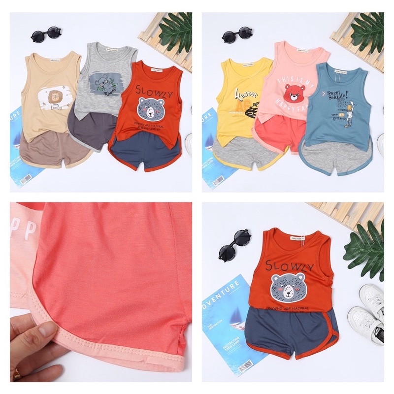 Bộ quần áo ba lỗ sát nách mùa hè vải thun lạnh phối màu bé trai bé gái Minky mom 7-16kg