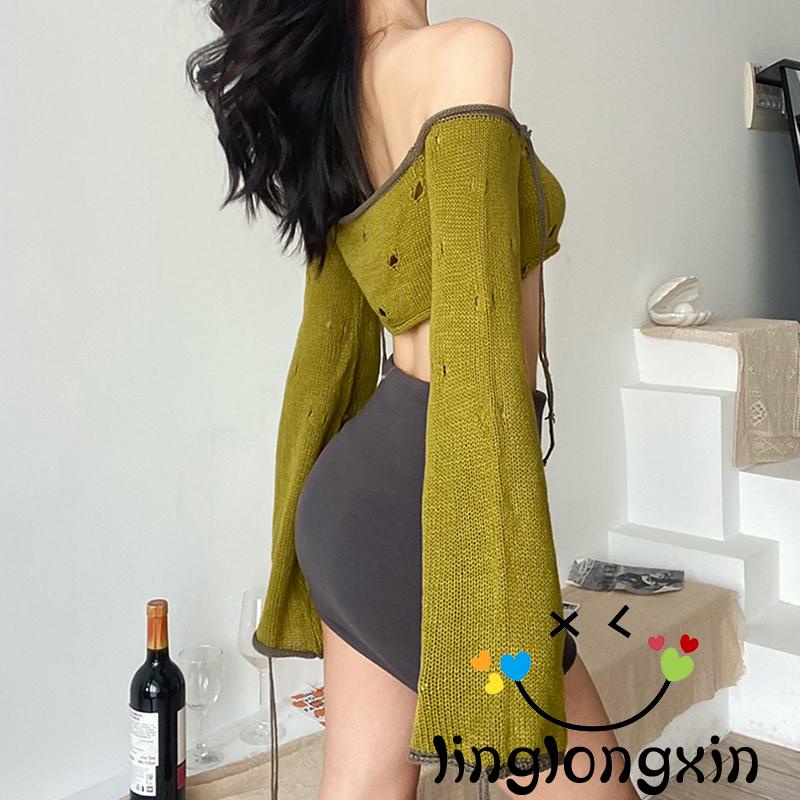 Áo Croptop Trễ Vai Tay Dài Phối Rách Màu Xanh Lá Cây Thời Trang Đường Phố Cho Nữ Linglongxi2