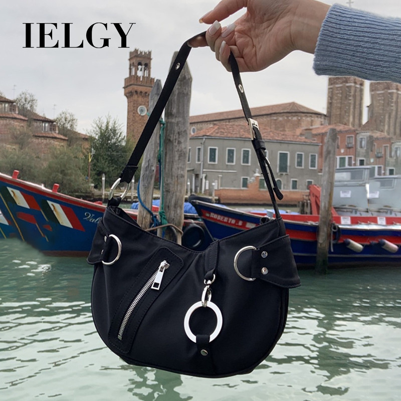 Túi xách tay hình bán nguyệt một dây đeo phối dây chuỗi chất liệu vải nylon cho nữ IELGY