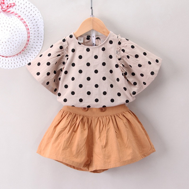 Bộ áo phối quần short chấm bi đáng yêu thời trang cho bé gái 2 ~ 6 tuổi