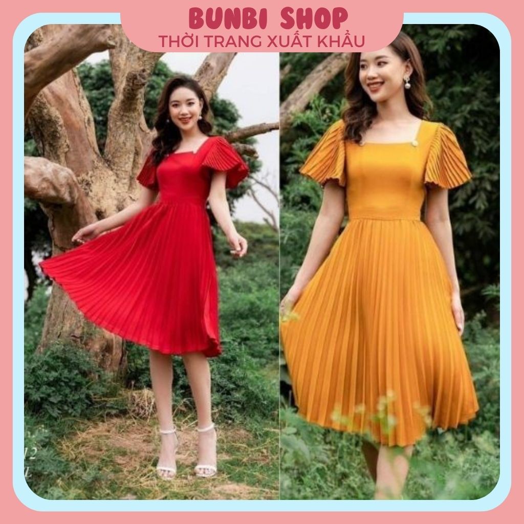 Váy đầm thiết kế xòe dập ly cổ vuông siêu đẹp,hàng thiết kế chuẩn loại 1
