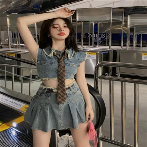 JSC Set Áo Váy Denim Chữ a Lưng Cao Phong Cách Hong Kong Thời Trang Mùa Hè Hàng Mới Dành Cho Bạn Nữ