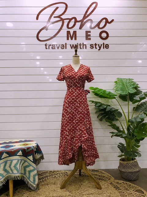 Váy cam đất hoa nhí trắng dây xỏ thắt eo