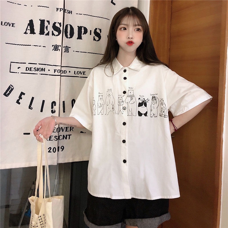 Áo Sơ Mi Trắng Tay Ngắn Dáng Rộng In Họa Tiết Hoạt Hình Phong Cách Nhật Bản Thời Trang Mùa Hè Cho Nữ