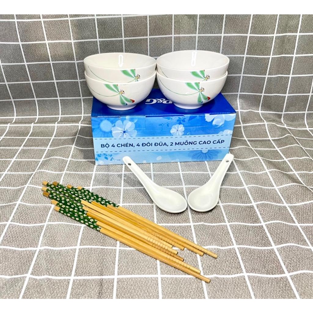 Bộ 4 chén sứ + 4 đôi đũa tre + 2 muỗng sứ cao cấp hkm P&G -Giao ngẫu nhiên - Bộ chén đũa muỗng dùng cho gia đình