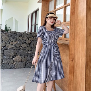Đầm maxi caro đen trắng cổ vuông big size eo thắt nơ size 70-100kg