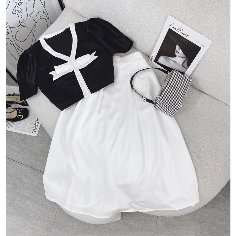 SET ÁO CROPTOP VIỀN NƠ TRẮNG + CHÂN VÁY MIDI TRẮNG