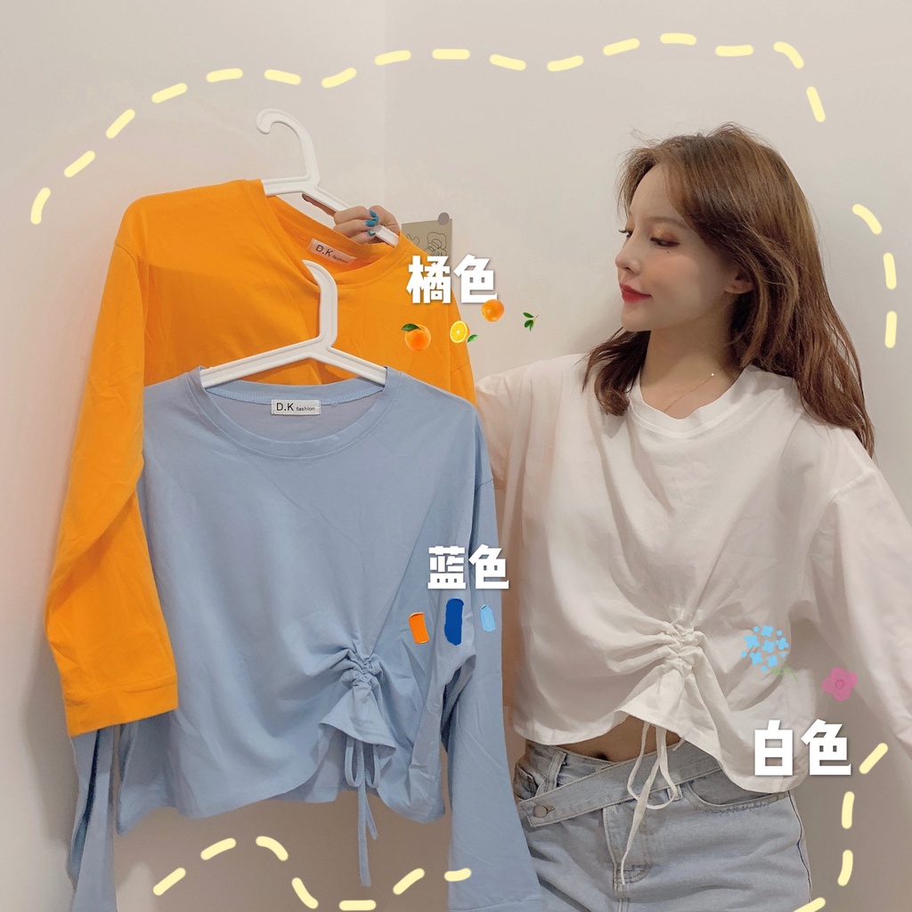 Áo Thun Tay Dài Cổ Tròn Dáng Rộng Màu Trơn Phối Dây Rút Thời Trang Cho Nữ áo phông nữ JL-TX-19