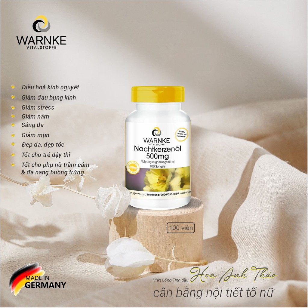 Hoa Anh Thảo nội địa Đức - Điều hòa nội tiết tố, đẹp da, chống viêm, giảm mụn - Warnke Nachtkerzenöl 500mg (100 viên)