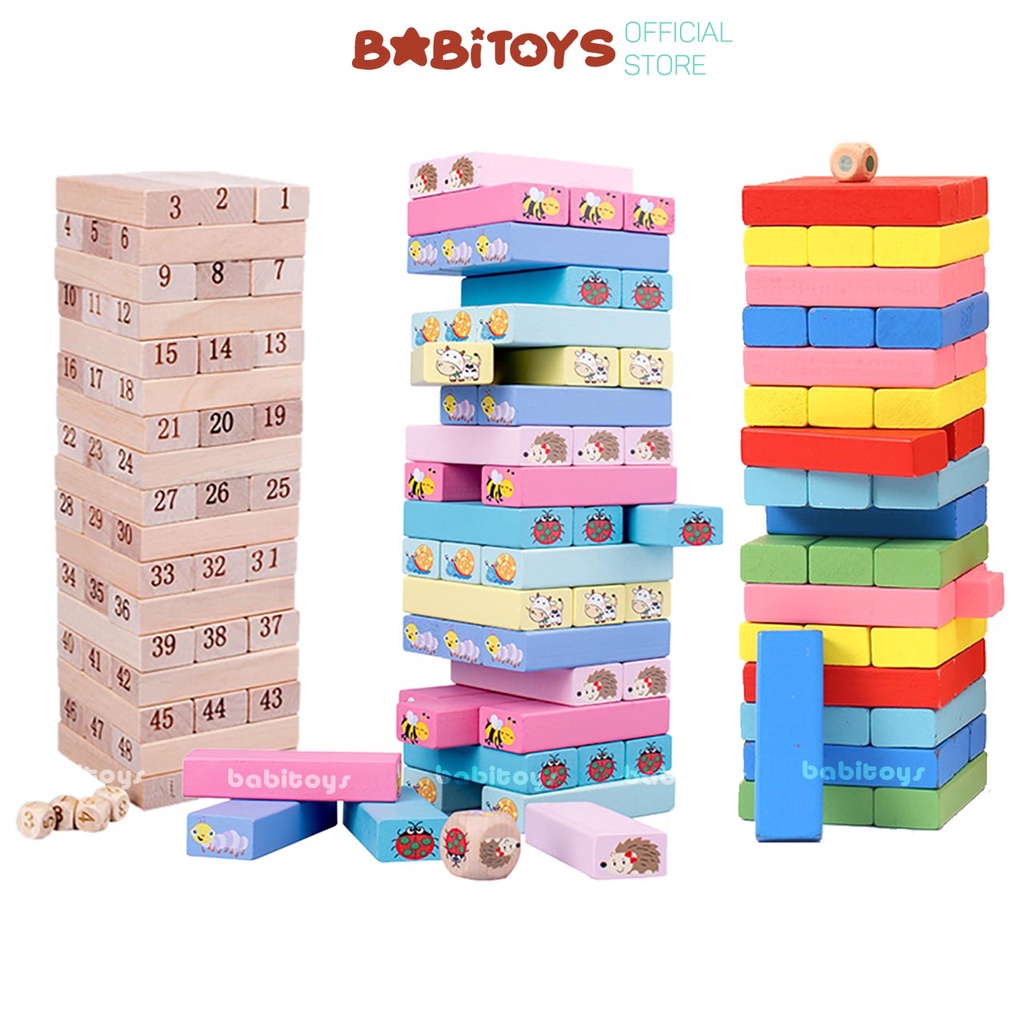  Bộ đồ chơi rút gỗ 51 thanh in hình ngộ nghĩnh nhiều màu sắc cỡ lớn - trò chơi gắn kết gia đình