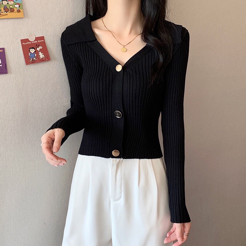 Áo len nữ dài tay cổ bẻ xẻ V cài khuy phong cách Hàn Quốc