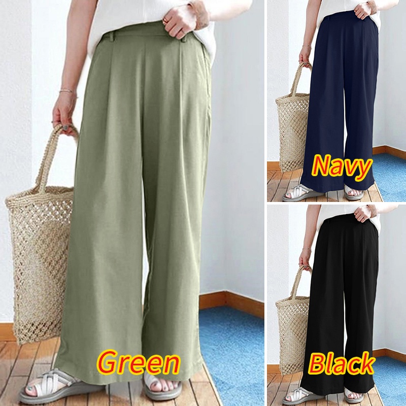 Quần ZANZEA ống rộng lưng cao màu trơn hợp thời trang cho nữ