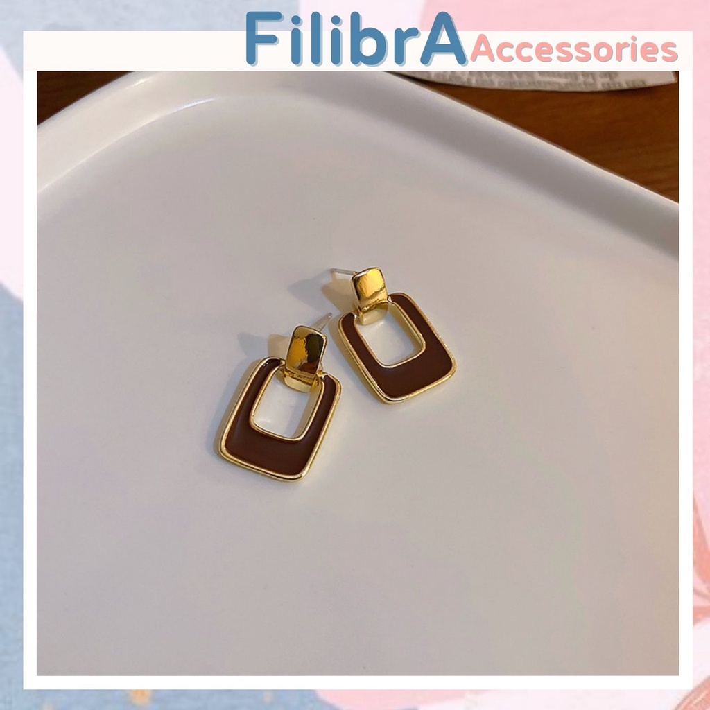 Khuyên tai nữ chữ nhật mặt nâu sang trọng, bông tai phong cách phụ kiện nữ Filibra - BT010