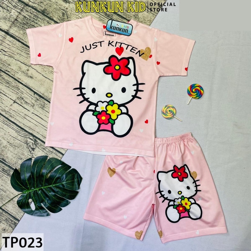 Quần áo bé gái  ngắn tay in 3D hình hello kitty size đại 10-60kg Kunkun Kid TP023 thun lạnh thoáng mát