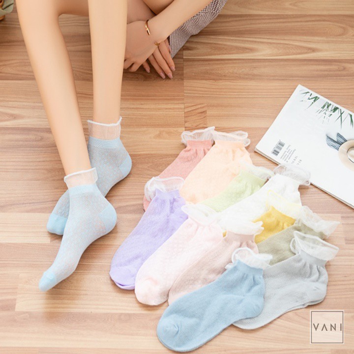 Tất Vớ Nữ Vải Ren Mỏng Khô Thoáng, Cổ Viền Lưới, Phong Cách Bánh Bèo Nhẹ Nhàng- Vani Store