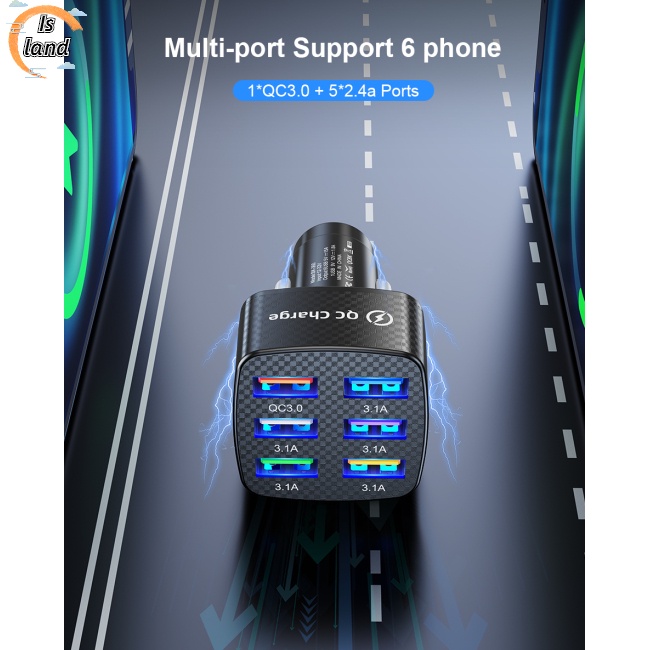Tẩu Sạc Nhanh Qc3.0 75w 6 Cổng Usb 15a Có Đèn Led Cho Xe Hơi