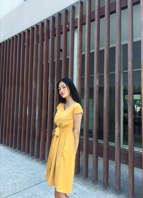 Đầm cột eo vàng/ hồng Bemo dáng xòe xb