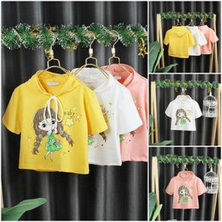 32520 Áo Thun Kiểu Croptop Tay Ngắn Cho Bé Gái Có Nón In Hình Cô Gái (2 - 10 tuổi)