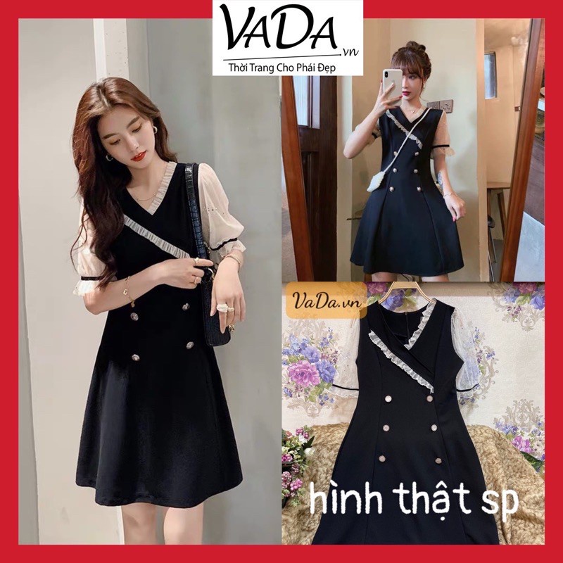 ☌Đầm Suông cổ V viền phối tay lưới kim tuyến đơn giản xinh xắn đi chơi, dạo phố, dự tiệc - Thời Trang VADA (Đ26)