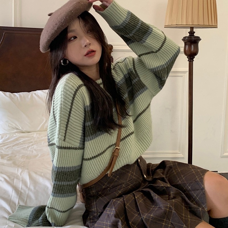 Áo Sweater Dệt Kim Cổ Tròn Dáng Rộng Thiết Kế Ngọt Ngào Cho Nữ