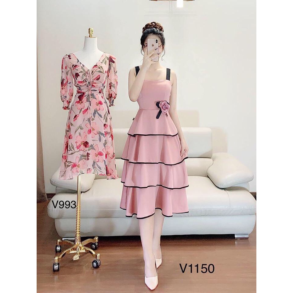 (Kèm hình thật) Đầm xòe 4 tầng đính bông - hàng thiết kế chuẩn shop