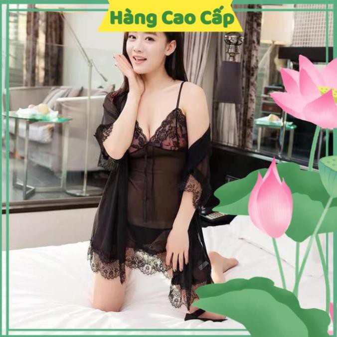 Váy Ngủ Sexy Gợi Cảm Váy Ngủ Ren Hoa Ngực Kèm Áo Choàng Ngủ Quyến Rũ (Màu Đen) | BigBuy360 - bigbuy360.vn