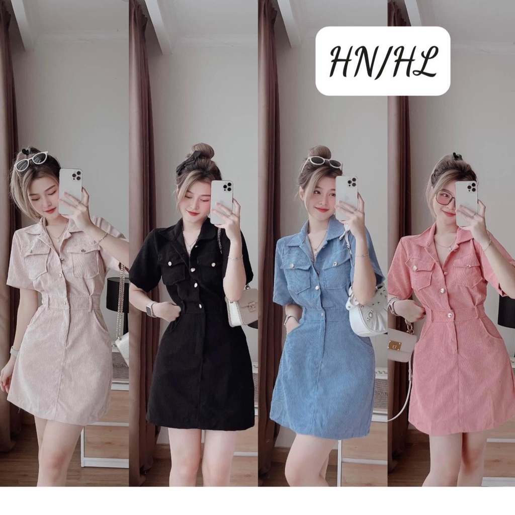 Váy ngắn nhung tăm  cổ bẻ túi ngực cho nữ