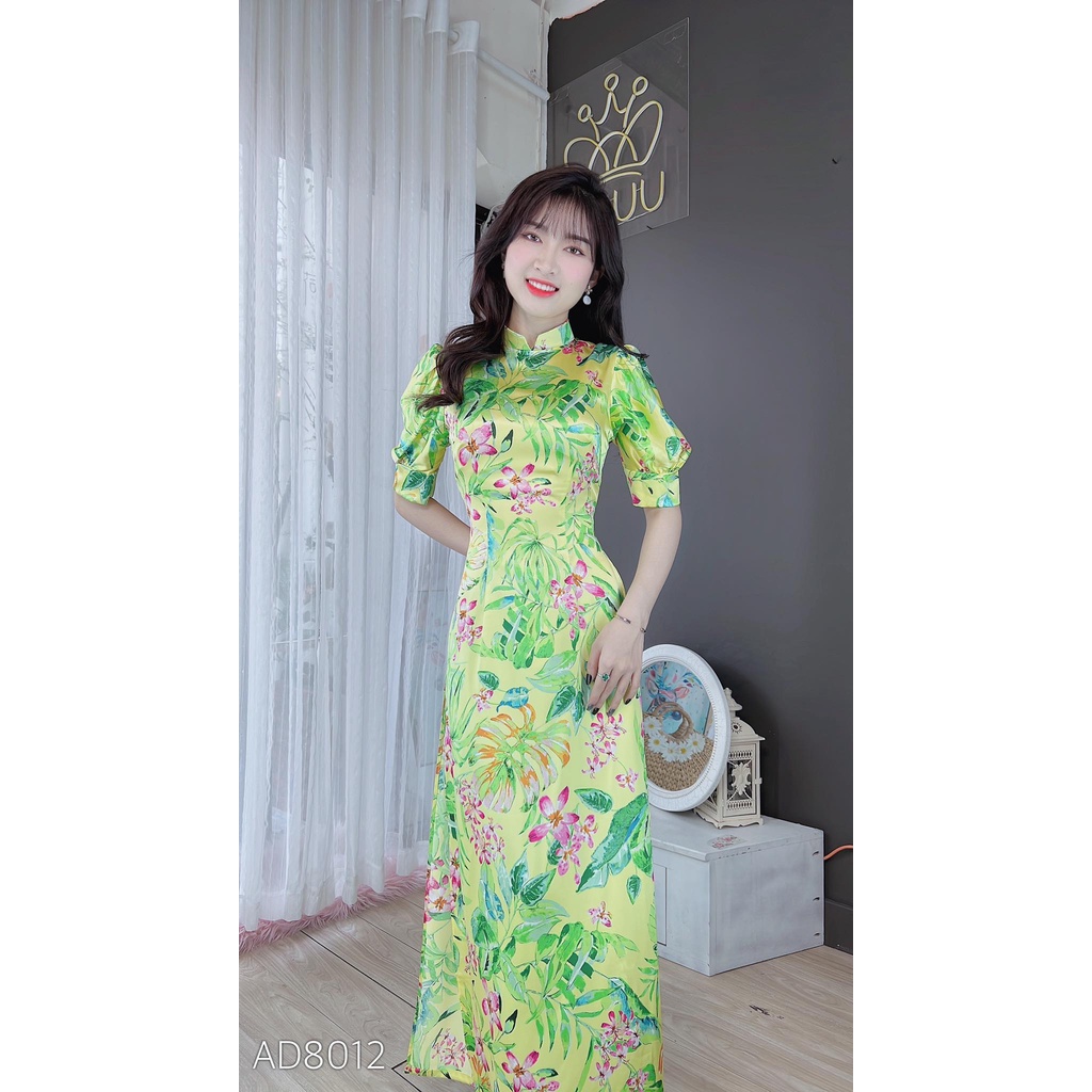 Áo dài cách tân họa tiết hoa lá satin bóng tay bồng không kèm quần CHUU AD8012