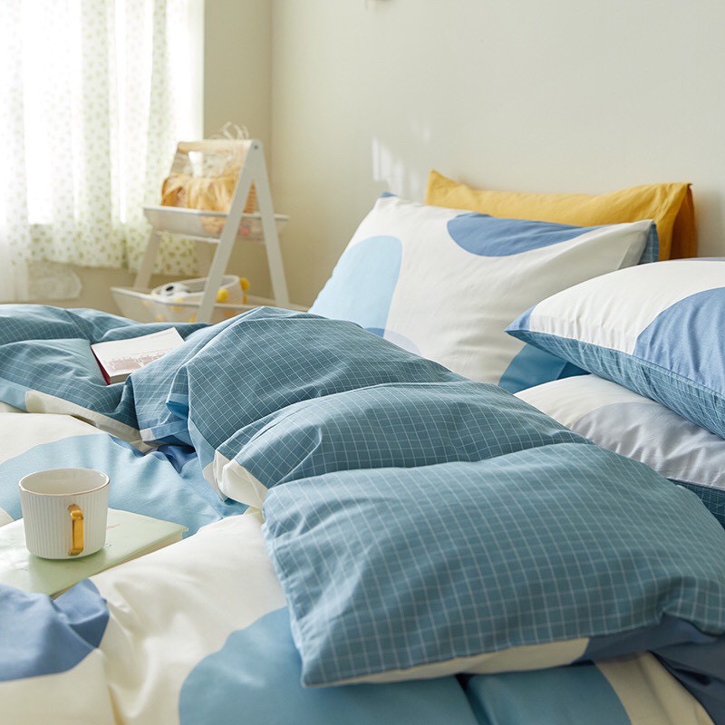 Bộ chăn ga cotton living 100% cotton- mẫu tròn xanh dương
