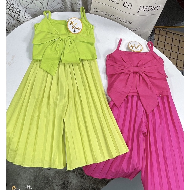 Bộ áo nơ ngực quần dập ly bé gái