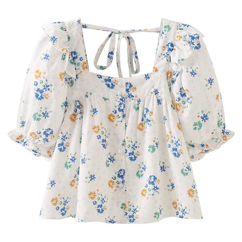 Áo Sơ Mi Cổ Vuông Cột Dây Họa Tiết Hoa Phong Cách Pháp Thời Trang Mùa Hè Mới Cho Nữ