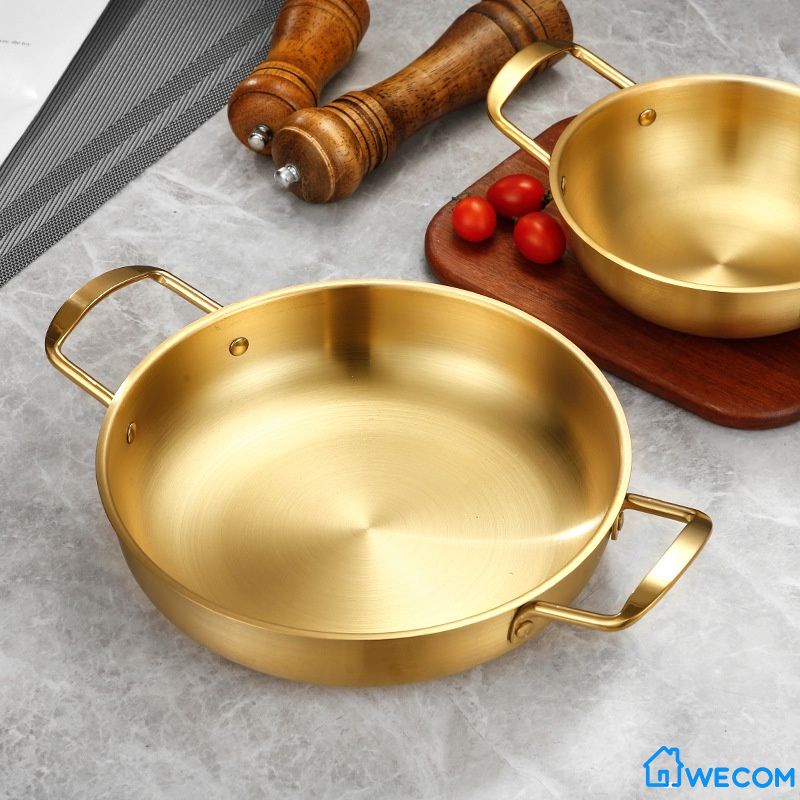 Nồi nấu lẩu bằng thép không gỉ có hai tay cầm thiết kế màu vàng phong cách Hàn Quốc