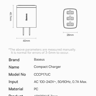 Củ Sạc Baseus 17W 5V 2.4A 3 Cổng USB 2.4A Cho iphone Samsung