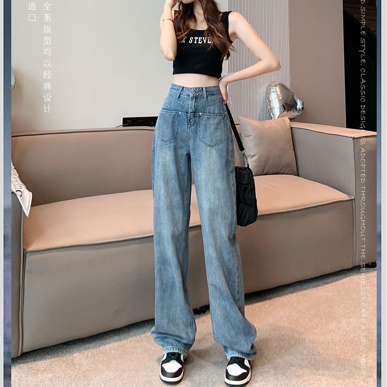 Quần Jeans Ống Rộng Lưng Cao Phong Cách Retro Cho Nữ