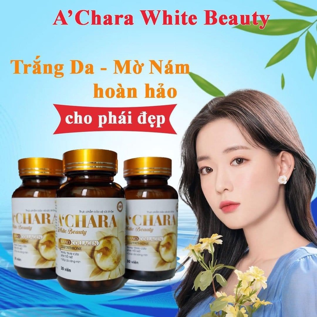 Viên uống trắng da toàn thân A'CHARA white beauty nano collagen, glutathione, nhau thai cừu, sâm tố nữ giúp da sáng mịn
