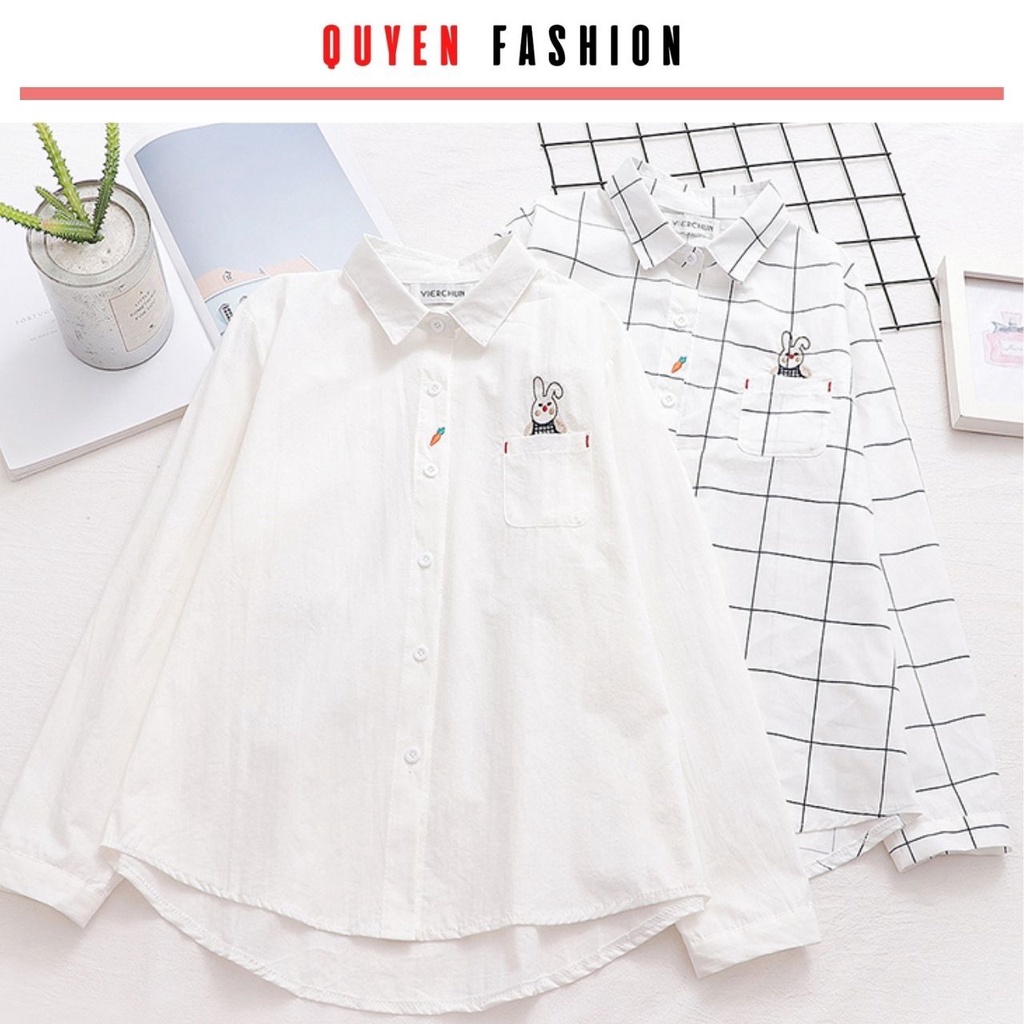 Áo sơ mi thêu hình Thỏ và cà rốt Quyên Fashion AA559 công sở basic màu trắng, kẻ