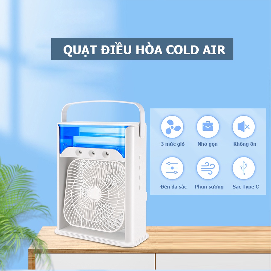 Quạt phun sương để bàn tích hợp đèn LED nhiều màu, quạt điều hòa mini cao cấp 3 tốc độ gió, dung tích bình chứa 680ml