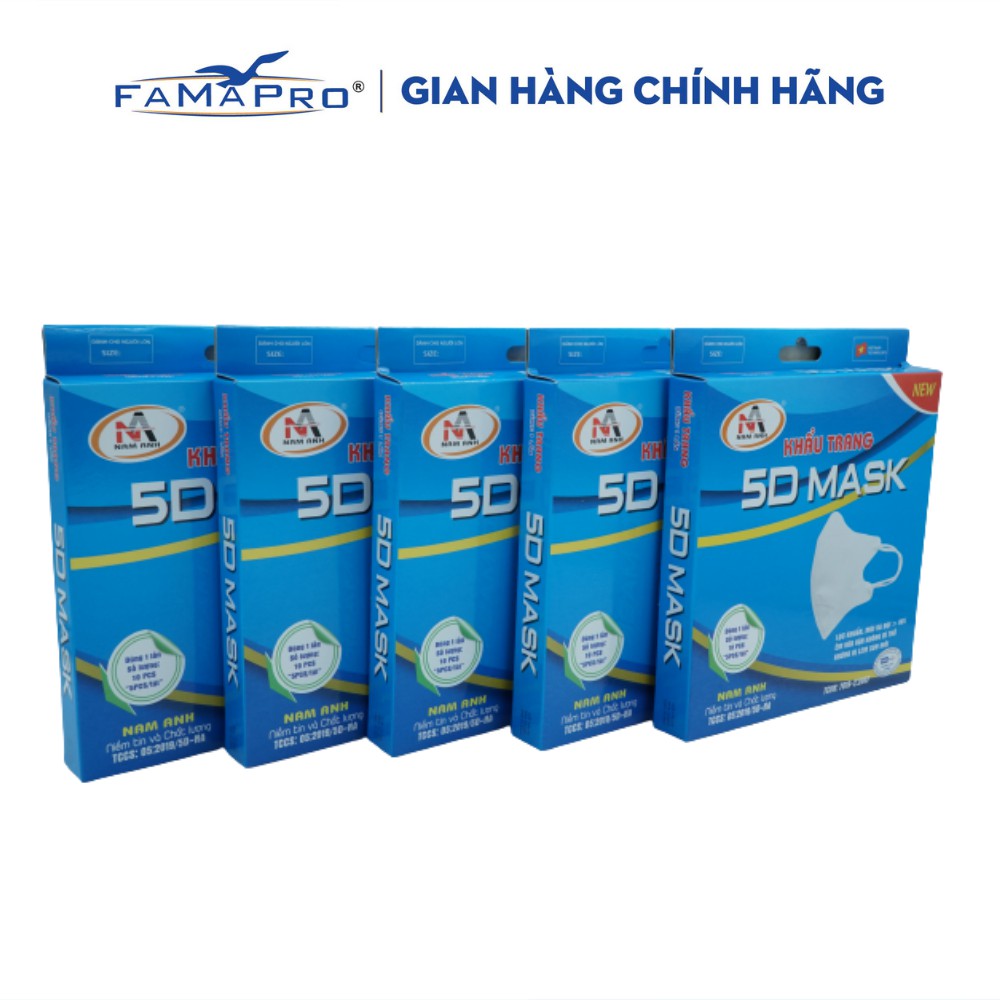 [HỘP-5D MASK-QUAI THUN] COMBO 5 HỘP Khẩu trang y tế kháng khuẩn 3 lớp Famapro 5D Mask