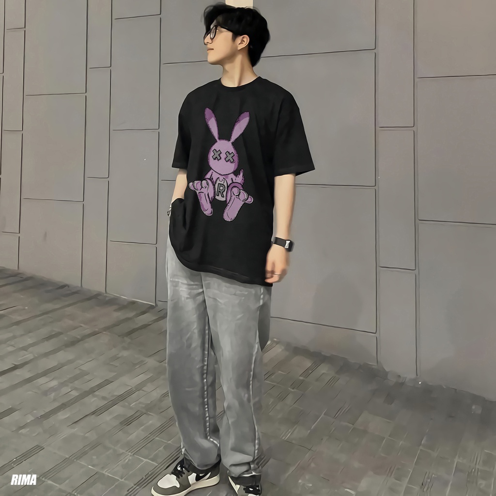 Áo Thun Tay Lở RABBIT Phông Rộng Nam Nữ Unisex Cotton Cao Cấp Đẹp Ngắn Freesize Hình Trắng Đen Xanh Navy Họa Tiết RIMA