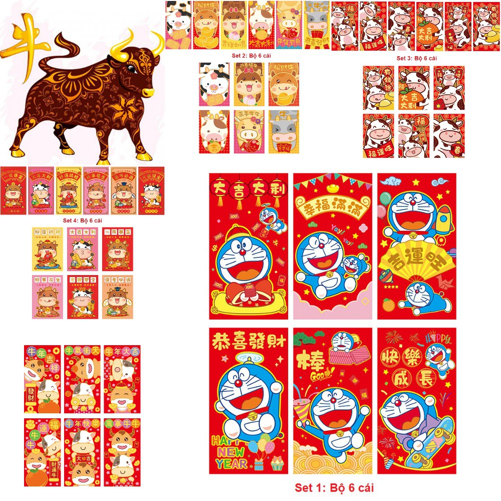 Combo 6 Bao Lì Xì Hoạt Hình TẾT Tân Sửu 2021 - Nhiều loại hình trâu siêu Dễ thương