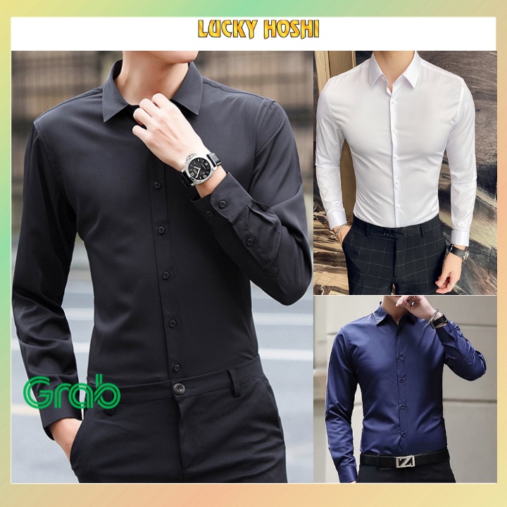 Áo sơ mi nam kiểu body Hàn Quốc tay dài dạng công sở cao cấp đẹp vải lụa trắng đen xanh xám SMD05