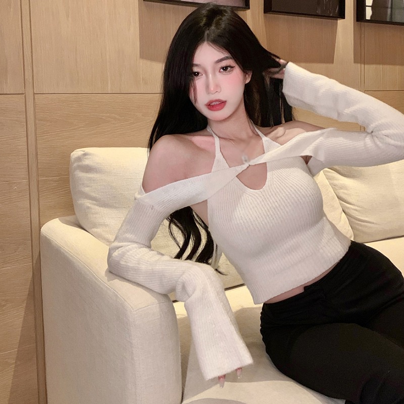 Set Áo Croptop Áo Thun Dài Tay Dây Màu Sắc Đơn Giản + Áo Khoác Cardigan Dệt Kim Thiết Kế Thanh Lịch Cho Phái Nữ
